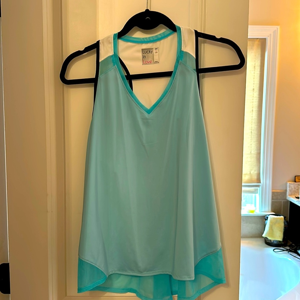 Lucky in Love teal, navy, and white tank. With mesh back worn once! Size L (12)